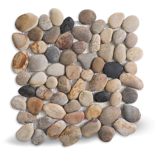 Adolif Stone Pebble Mosaic Tile, 12' x 12' Tumbled Stone Backsplash Tiles for Bathroom Kitchen Shower Floors and Wall Decor and Outdoor Areas, Pack of 5