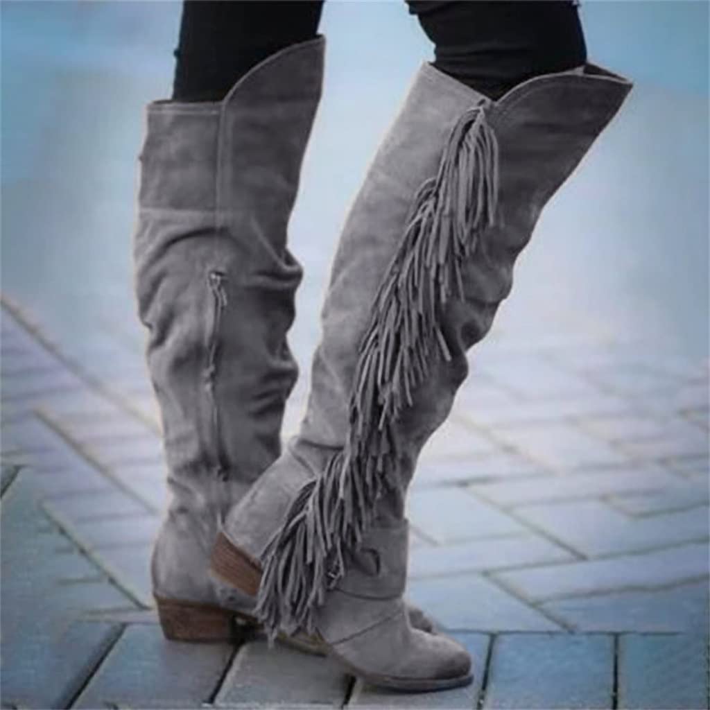 Stivali Al Ginocchio Da Donna Boots Da Cowboy Western Retrò Con Frange | Stivali Da Equitazione Casual Con Cerniera Boots Sopra Il Ginocchio In Pelle Scamosciata Scarpe Invernali