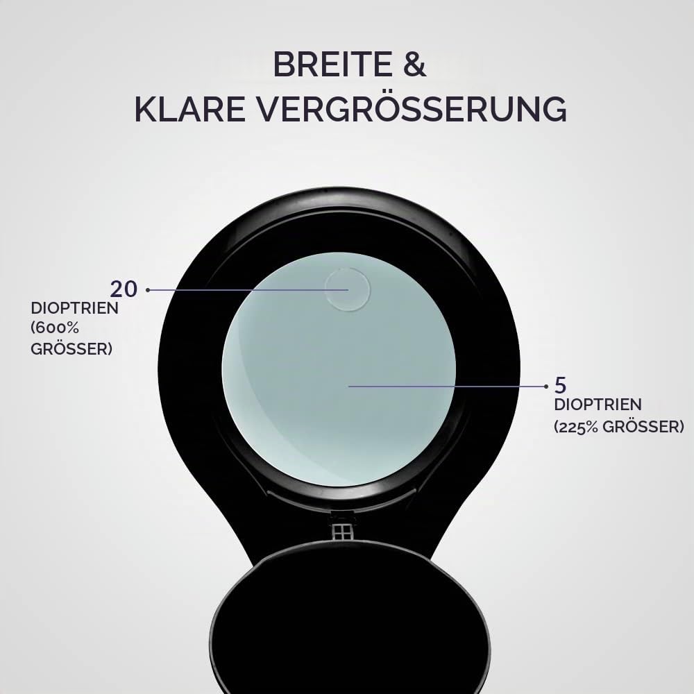 Neatfi LED-Lupen-Stehleuchte, 1.200 Lumen – 12,7 cm bifokale Glaslinse, doppelte Vergrößerung 2,25× + 6×, dimmbares | Verstellbarer Arm, rollbarer Standfuß | Lesen, Basteln & Nähen (Schwarz)
