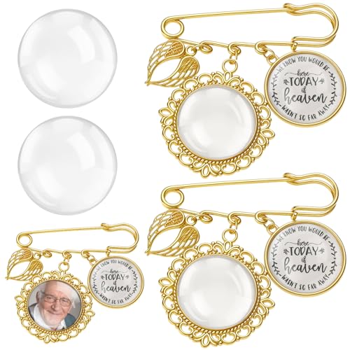 Tondiamo 2 Pcs Wedding Bouquet Photo Charm with Angel Pendant Wing DIY Memorial Pin Remembrance Bridal Bouquet Charm for Wedding Memory Ceremony Mother of Bride or Groom or Flowers(Gold Stylish)