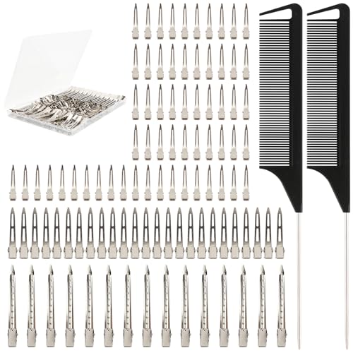 100 PCS Silver Metal Alligator Clips 3 Sizes Curling Clip Hair Styling And Item Fixation DIY Accessories. Two Distribution Combs for Braids Coloring and Styling