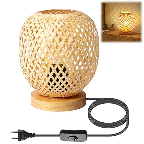 Tischlampe aus Bambus E27 Vintage Nachttischlampe mit Stecker und...