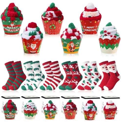 Image of YLOLUL 6 Pairs Fuzzy Socks for Women Christmas Cupcake Socks DIY Gift Socks Thick Cozy Bed Socks Warm Winter Slipper Socks Soft Fluffy Socks with Boxes Home Indoor Sleeping Christmas Holiday