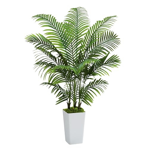 Artificial Palm Tree Artificial Silk Plant Fake Tree with White Tall Planter Faux Tropical Areca Floor Plant in Pot (1, White Tall Planter, 5 FT)