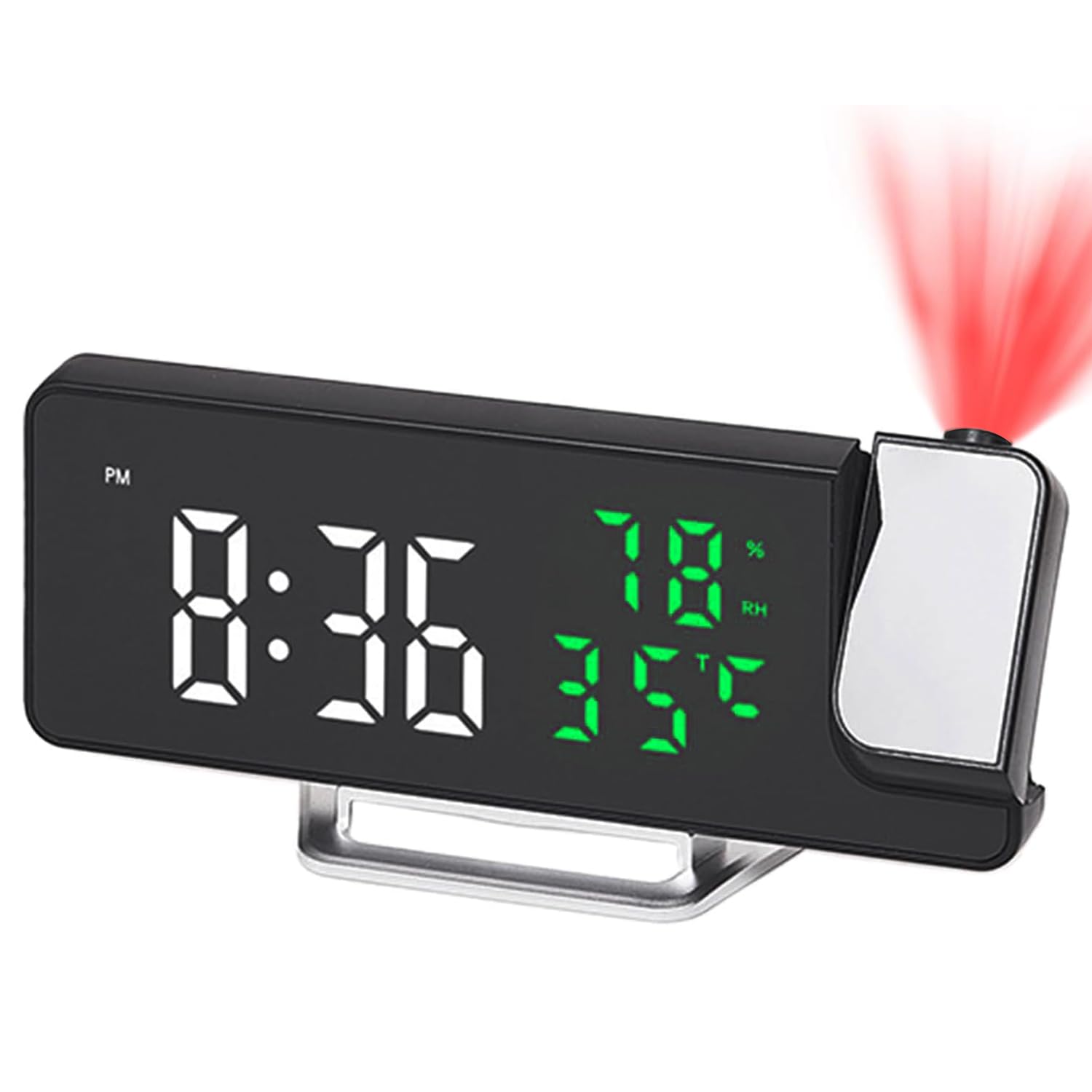 Maoskax Black Case White And Green Digit Projection Alarm Clocks Bedside, Led Digital Clock With 180° Rotating Projector Temperature Date And Humidity Display Adjustable Brightness, 12/24H Format, Snooze, Usb Powered For Bedroom Home Office