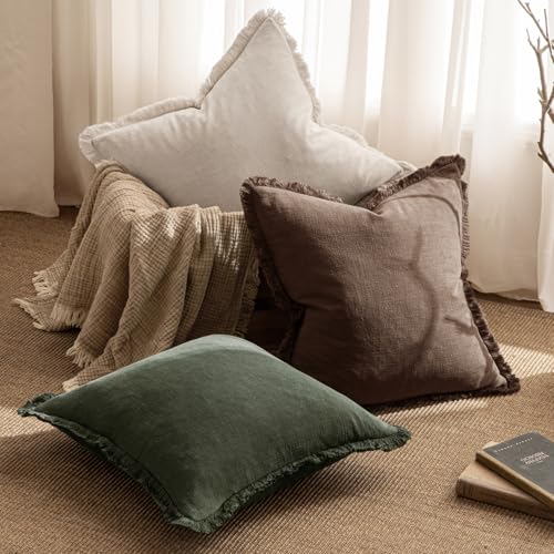 Image of MIULEE Decorative Throw Pillow Covers Neutral Linen Fringe Throw Pillows Set of 2 Rifle Green Boho Farmhouse Cushion Covers with Tassels for Couch Sofa Bed Living Room Spring Home Decor 18x18 Inch