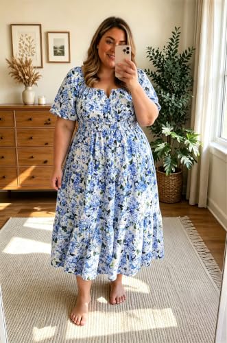 Image of RITERA Plus Size Dresses for Curvy Women Square Neck Short Sleeve Summer Floral Smocked Maxi Dress with Pocket XL-5XL