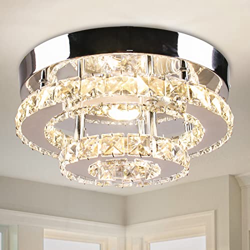 Mini Chandelier LED Crystal Ceiling Light 2 Layers Round Flush Mount Ceiling Light Modern Chandelier Lighting for Hallway Staircase Kitchen Bathroom (Dimmable)