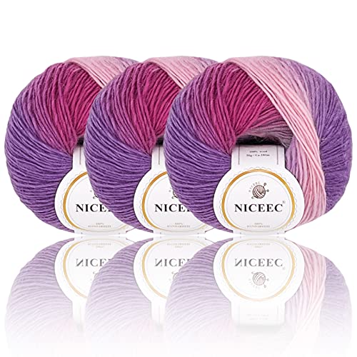 Image of NICEEC 3 Skeins 100% Wool Rainbow Yarn Soft Gradient, Self-Striping, Colorful Single Ply Yarn for Crochet & Knitting - 12#