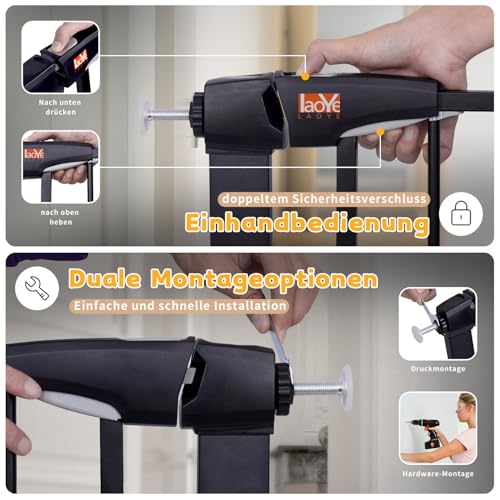LAOYE Treppenschutzgitter ohne Bohren, Extra Hoch 92 cm Höhe, 75-124 cm Breite, Türgitter Baby mit 3 Verlängerungen, für Kinder… – Ansicht 5