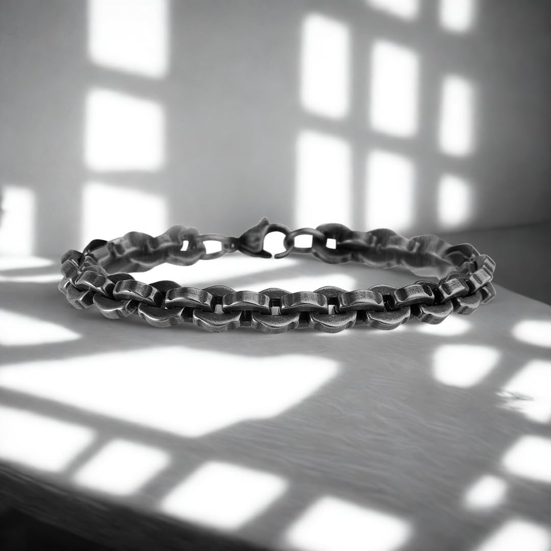 True Religion 8mm Wide 8 Inch Rolo Chain Bracelet for Men Black Rhodium Plated Stainless Steel - Image 4