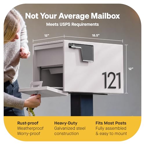 Image of Adoorn Lockable Post Mount Mailboxes for Outside - Small Anti-Theft Locking Mailbox for Packages and Letters - Weatherproof Construction - Durable Steel - 12 inch H x 12 inch W x 18.5 inch D - Sandstone
