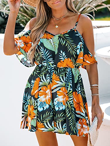 Cupshe Women's Romper V Neck Floral Leaf Print Open-Shoulder Romper Cami Sleeveless Mini Jumpsuit #TOP6