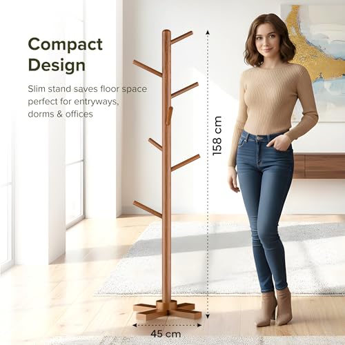 Image of Kuber Industries Wooden Freestanding Coat Hanger with 6 Hooks | Multipurpose Hanging Pole Rack Clothes Shelf | Ideal for Scarf, Bags & Hat | Brown