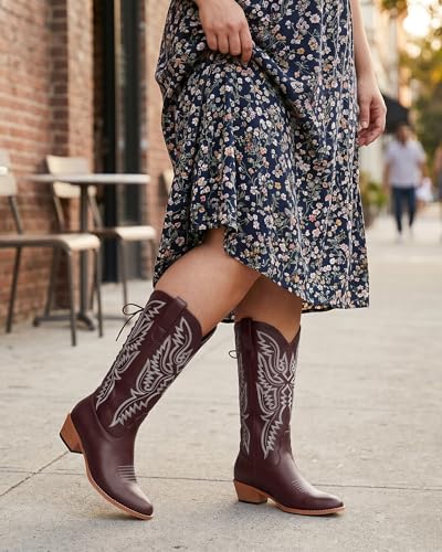Image of Uillnoodu Wide Calf Cowboy Boots Women Adjustable Lace Up Knee High Tall Plus Size Cowgirl Boots Western Style Comfortable 2-Inch Heel
