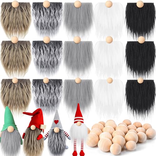 Tudomro 15 Pcs Gnome Beards for Crafts 4th of July Faux Fur Fabric Precut Beaded Gnomes Kit with DIY Handmade 30 Pcs Wooden Balls for Crafts Patriotic(Gray)