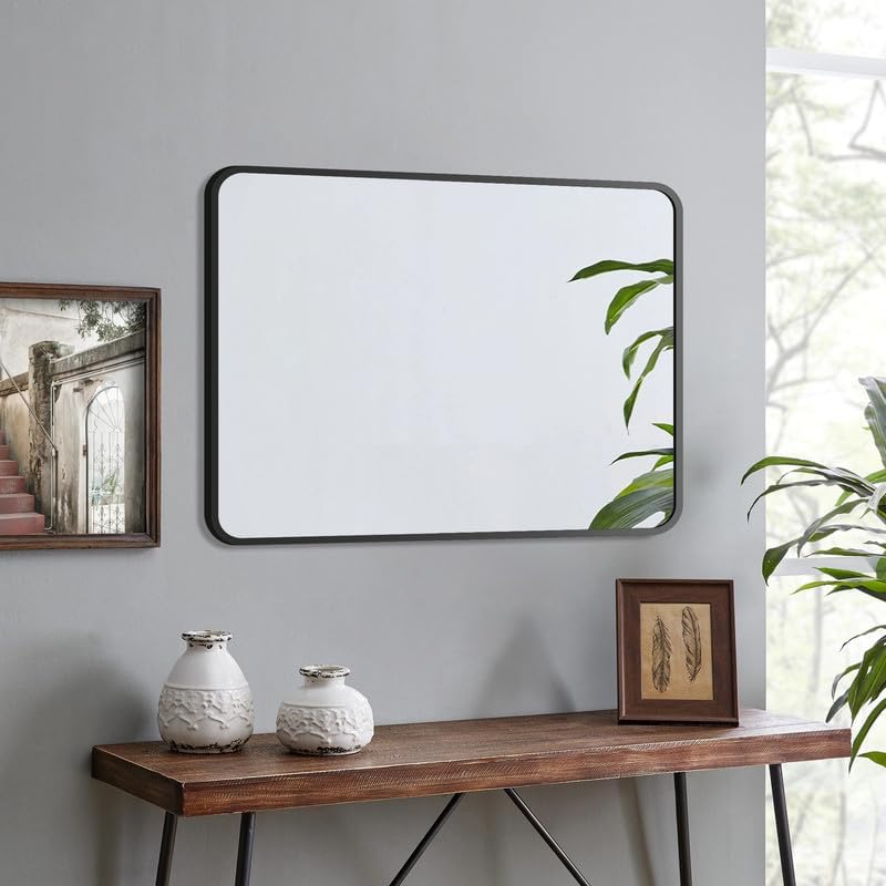 Wandspiegel 40x50 Cm – Schwarzer Alu-Rahmen, Echtglas, Vertikal Oder Horizontal, Für Bad & Wohnzimmer