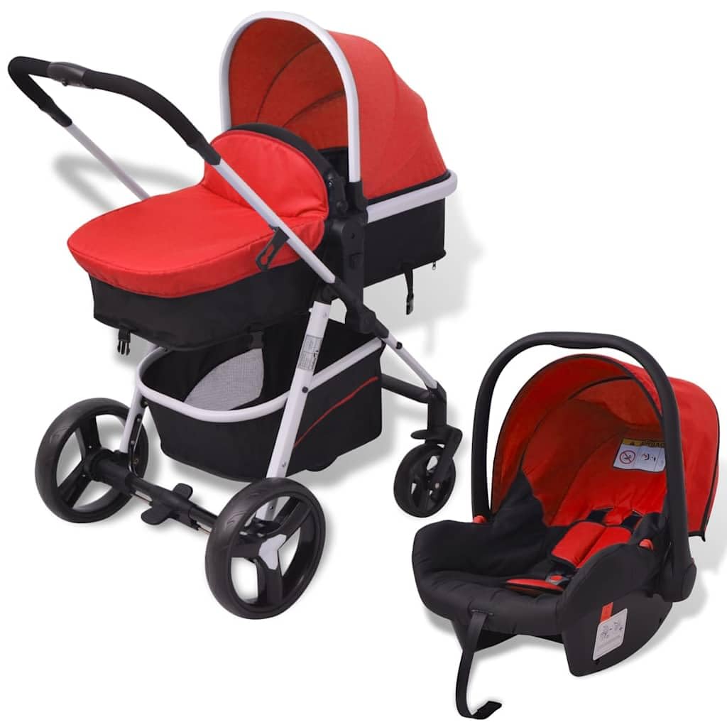 vidaXL Passeggino 3 in 1 Bambini Alluminio Rosso e Nero Carrozzina Seggiolino