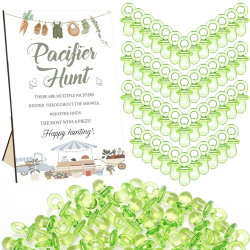 Thyle 51 Pcs Locally Grown Pacifier Hunt Baby Shower Games Farm Themed Baby Shower Game Decoration Gift Set Include Hunt Sign and 50 Acrylic Pacifiers...