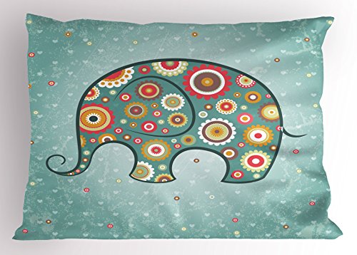 Ambesonne Floral Pillow Sham, Elephant with Flowers Featured Grunge Heart Backdrop Animal Graphic Art, Decorative Standard Queen Size Printed Pillowcase, 30