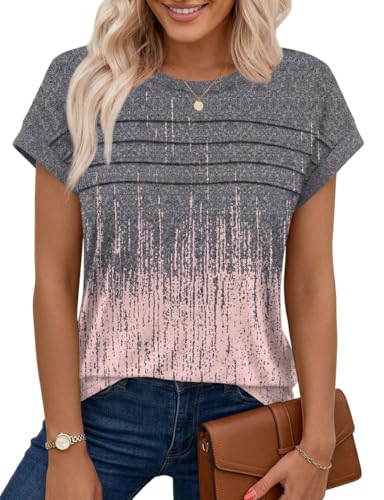 Chicrise Oberteile Damen Sommer Kurzarm Plissierte Rundhals Tshirt Fledermausärmel Elegant Locker Lässig Print Tunika Orange Grau Graffiti X Groß 46-48