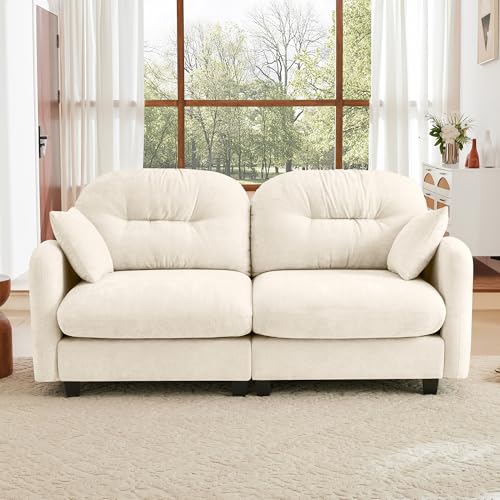 Image of KEIKI 74 inch Oversized Chenille Modular Sectional Loveseat Sofa with High-Density Foam Cushions and Tufted Pleated Cushion Backrest, Upholstered 2-Seater Cloud Couch with 2 Pillow, for Living Room, Beige