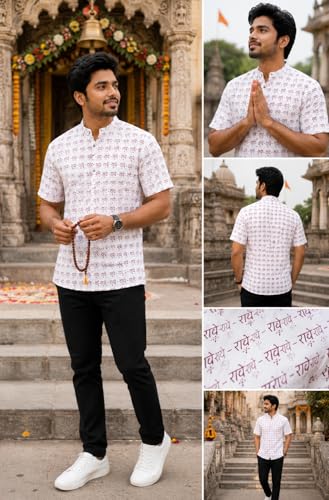Image of LATEST CHIKAN Men's Cotton Printed Short Kurta | Half Sleeve Band Collar Ethnic Wear | Radhe Print Casual Festive Traditional Kurta for Men