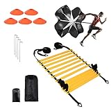 【5 in 1 Trainingsset】: Fussball trainingszubehör beinhaltet 1 X Koordinationsleiter 6M, 12 Sprossen; 4 X Metallnägel ; 5 X Scheibenkegel; 1 X Widerstands Fallschirm & Tragetasche. Hergestellt aus hochwertigen, haltbaren Materialien, lässt sich leicht falten.