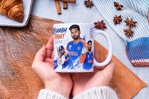 Image of Cricket Theme Coffee Mug IPL Edition - Stylish Helicopter Shot Print Cup - Gift for Cricket Fans, Boys & Friends (Rishabh Pant)