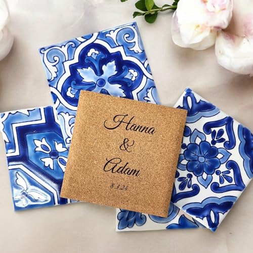 Personalized Hand-Painted Ceramic Tile 4x4 inches Coasters Set - Available in Sets of 4, 6, 8, 12, and 16 - Ideal for Weddings - gifts and Special Occasions (Blue Mexican)
