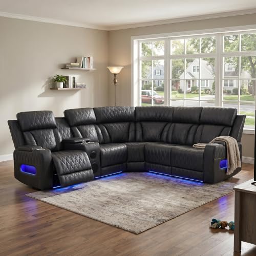 Image of Power Reclining Sectional Sofa with Cup Holders /Storage for Living Room | 5 Seat L-Shaped Recliner Couch with USB Charging / Home Theater Seating / Dark Grey Leather Furniture for House, Apartment