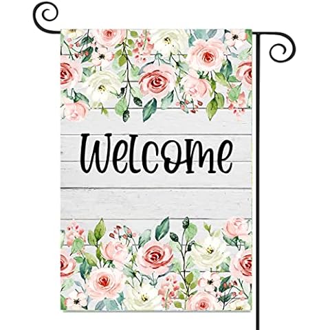 Spring Floral Welcome Garden Flag 12×18 Inch Small Burlap Double Sided Yard Flags for Farmhouse Yard Lawn Outdoor Decoration Cover
