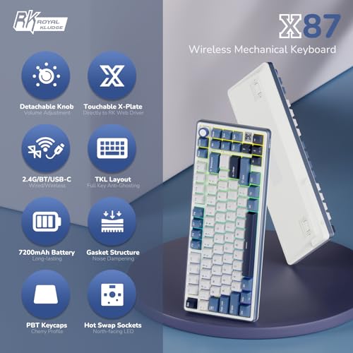 RK ROYAL KLUDGE X87 Gasket Mechanical Keyboard, 75% Wireless Gaming Keyboard with Touchable X-Plate & Volume Knob, Bluetooth/2.4GHz/Wired, Hot Swappable RGB Backlit (Blue, Tactile Beige Switch) - Image 3