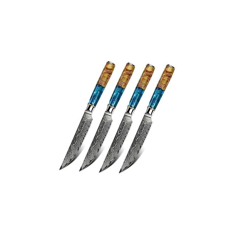 Seido Knives Executive Straight Edge Steak Knives - Japanese VG10 Damascus Steel, Effortless Meat Slicing, Full Tang Resin Blue Wood Handle