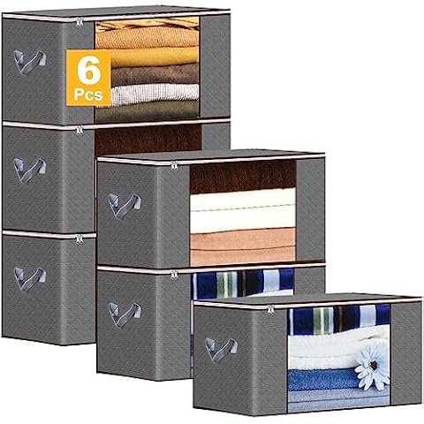 Clothes Storage, 6 Pack Blanket Storage Bags, 90L Large Clothing Storage, Premium Comforter Storage Bag, Bedding Storage Bins, Sweater, Pillow, Clothes Organizers and Storage, Gray Cover