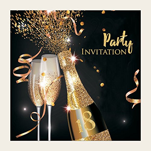 Dotty about PaperParty Invitations - Gold Sparkle Champagne - Pack of 10-18th. Celebration, Glittery, Birthday, Family, Friends, Bubbly, Wide Range of Ages. Envelopes Included. (681)