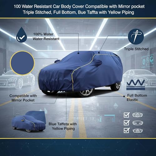 Image of Sulfar 100% Water Resistant Car Body Cover Compatible with Mirror for Mahindra Bolero (Triple Stitched, Full Bottom Elastic, Blue Taffeta with Yellow Piping)