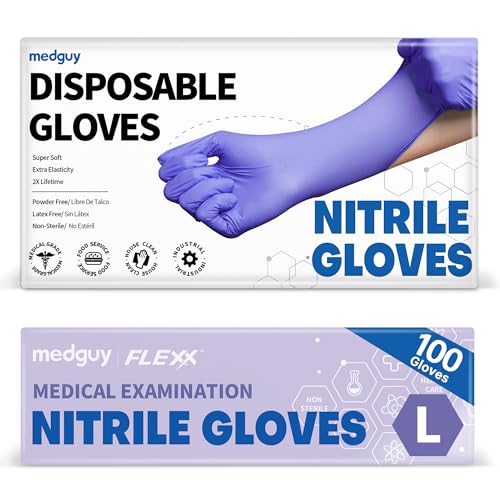 Medguy Medical Nitrile Exam Gloves 4 Mil Powder-Free Latex-Free Food-Safe Disposable Cooking Cleaning Glove Blue-Violet 100Pcs (Large)