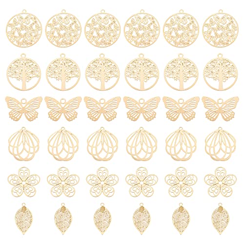 UNICRAFTALE 36Pcs 6 Style Gold Botanical Themed Pendant Stainless Steel Filigree Pendants Etched Metal Embellishments Flower Butterfly Leaf Flat Round Hollow Pendant Charms for Jewelry Making