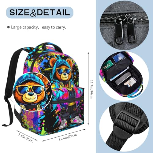 Cartoon Bear Backpack，Cool Cute Graffiti Bear Backpack School Bag，Graffiti Bookbag For Work Travel，Cool Lightweight Stylish Bookbag For Kids Boys Children Students2