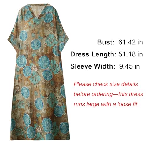 Image of Plus Size Summer Dress Printed V Neck Casual Loose Long Dresses with Pockets