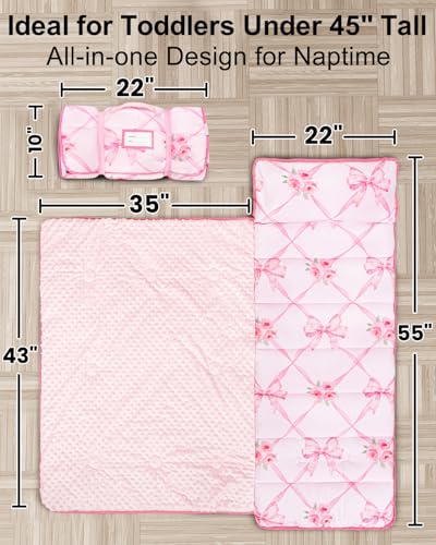 Image of Primlect Thickened Toddler Nap Mat with Removable Pillow and Minky Blanket, Extra Large 55''x35'' Sleeping Bag, Washable, Roll up, Perfect for Daycare, Preschool, Kindergarten, Boys and Girls Bow