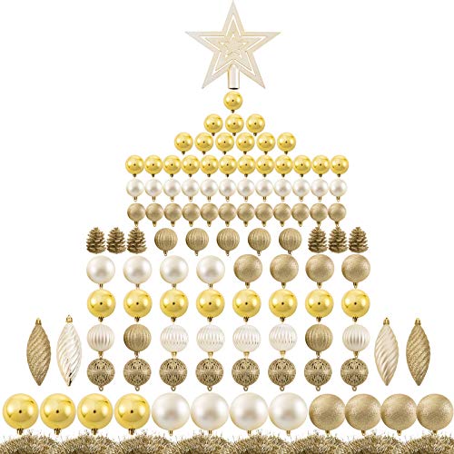 Ogrmar 119ct Christmas Tree Ball Ornaments Set Assorted Shapes and Sizes Shatterproof Hanging Decoration with Hand-held Gift Package for Christmas Tree Holiday Wedding Party (Golden) Ogrmar 119ct Christmas Tree Ball Ornaments Set Assorted Shapes and Sizes Shatterproof Hanging Decoration with Hand-held Gift Package for Christmas Tree Holiday Wedding Party (Golden)