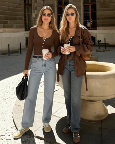 Image of Mangopop Women' Long Sleeve Ribbed Bodysuit Jumpsuits