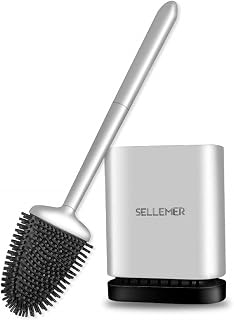Sellemer Silicone Toilet Brush Holder Set - Flexible Bristles Clean Under Rim, Rust-Proof, Hair-Free, Compact Silver Storage