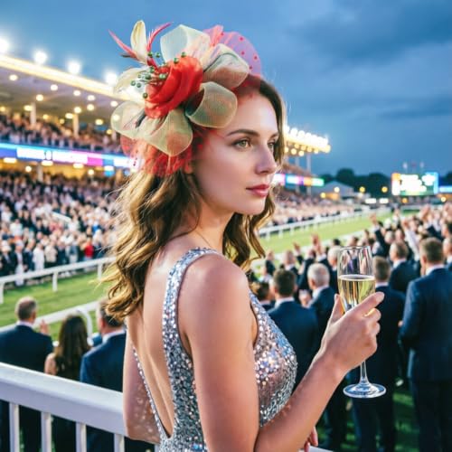 Image of DRESHOW Fascinators Hat Flower Mesh Ribbons Feathers on a Headband and a Clip Tea Party Headwear for Girls and Women