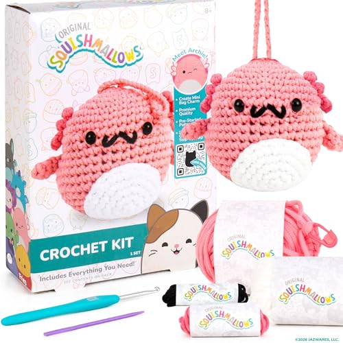 Original Squishmallows Crochet Kit Archie Bag Charm Axolotl Crochet Kit for Beginners with Yarn Starter Hooks Step-by-Step Tutorials DIY Craft Great Teen Gifts