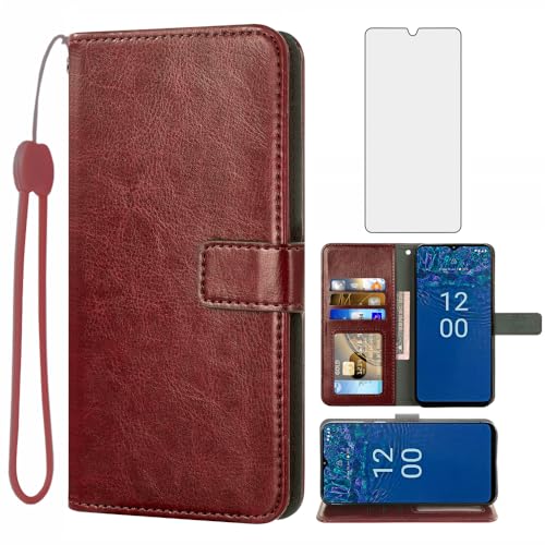 Asuwish Compatible with Nokia G310 5G Wallet Case Tempered Glass Screen Protector and Leather Flip Cover Card Holder Stand Cell Accessories Phone Cases for Women Men Brown