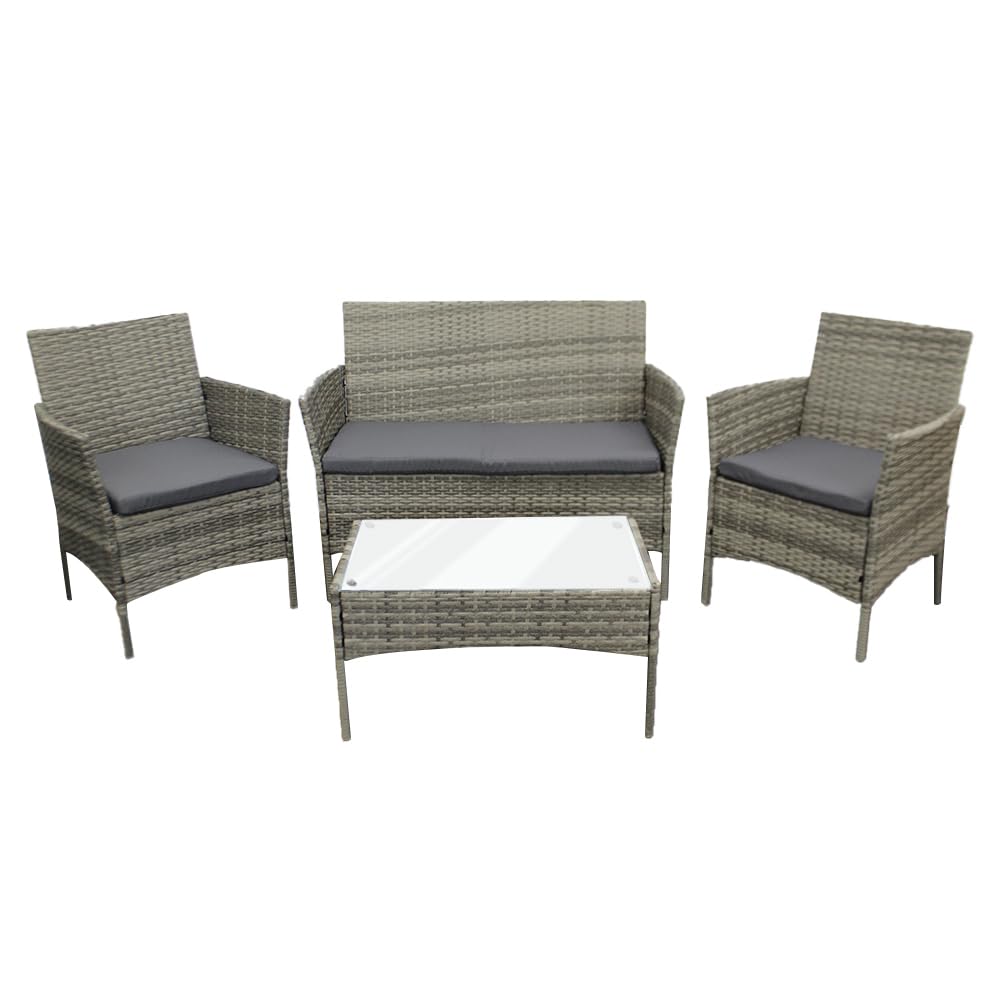Rattan Garden Furniture Sofa Set with Coffee Table Chairs 4 Seater for Outdoor Patio Balcony 6210-B (Mixed Grey+Dark Grey Cushions)