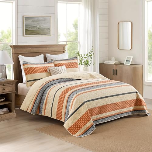 Image of Homzard Quilt Bedding Set - Cotton Quilt Sets Queen Szie,Orange Grey Black Queen Size Bed, Farmhouse Lightweight Bedspread Set, 3 Piece All Season